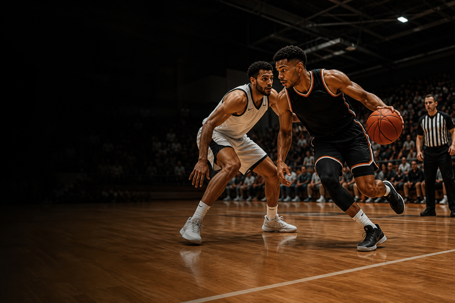 Two basketball players competing during an indoor league game